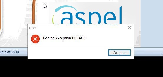 Captura de pantalla de error external exception eefface