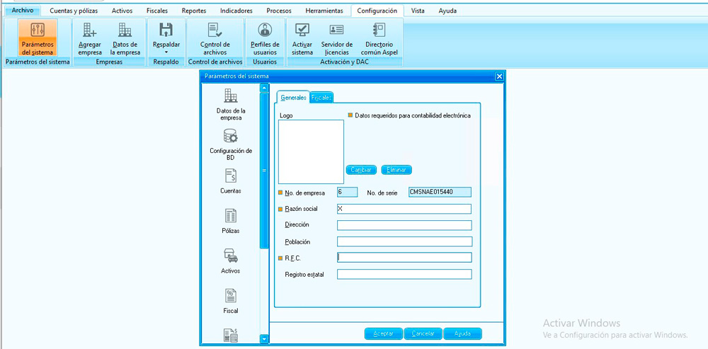 Captura de pantalla de la configuración de los "Parámetros del sistema" en el software de COI