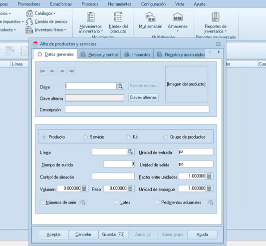 Captura de pantalla del movimiento de "Alta de productos y servicios" en el software de SAE