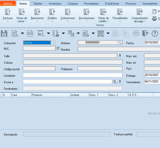 Captura de pantalla del movimiento de Ventas en el software de SAE