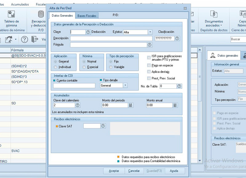 Captura de pantalla del proceso de "Alta de Per/Ded" en el software de NOI